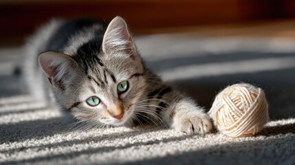 A playful tabby kitten stretches out a paw towards a ball of yarn, sunlight on carpet