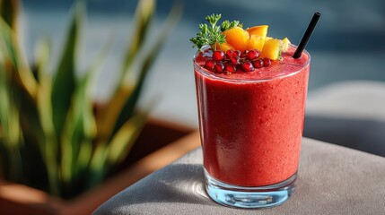 A refreshing red smoothie garnished with fruit and herbs, served in a glass