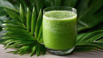 A refreshing, green, frothy drink in a clear glass, with leafy backdrop