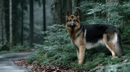 A regal German Shepherd stands alert beside a road in a lush, dark forest
