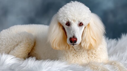 A regal white poodle lies on a fluffy white surface against a blurred blue background