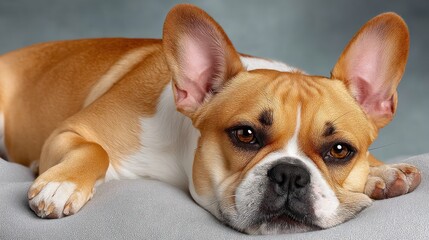 A relaxed, light-brown and white bulldog puppy resting, looking at viewer