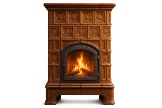 Ornate tiled stove burning wood generating warmth