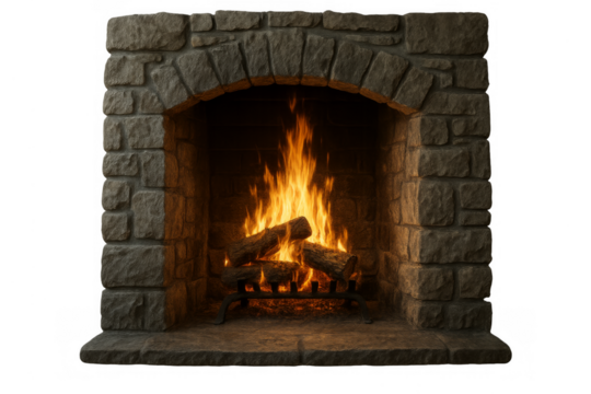 Stone fireplace burning logs providing cozy warmth