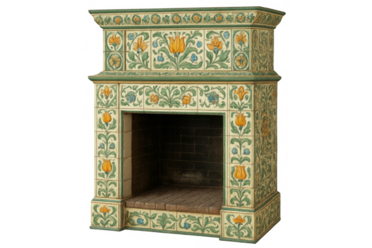 Art nouveau fireplace with ornate floral ceramic tiles