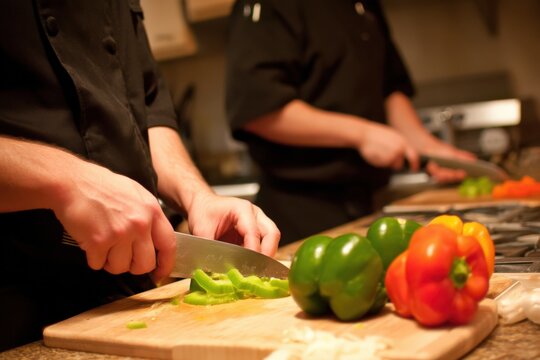 Culinary chefs skillfully preparing fresh vegetables in modern kitchen highlighting vibrant colors and culinary artistry for creating exquisite dishes and gourmet experiences