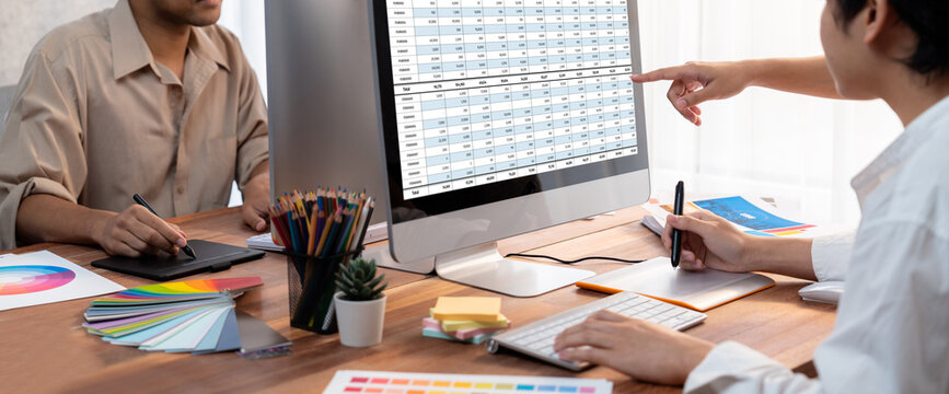 Accounting software on computer screen showing financial statement spreadsheets and account balance of corporate business offer accountant a fine calculation accounting brisk
