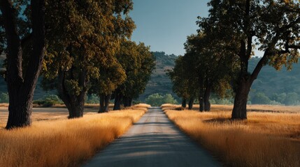 A scenic road with trees lining the sides, leading into the distance with yellow fields