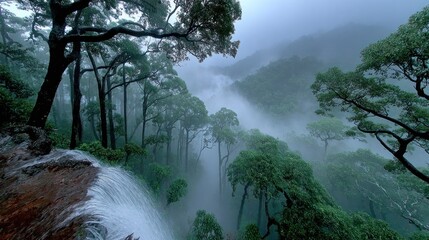 A scenic vista of a misty rainforest with a cascading waterfall in the foreground