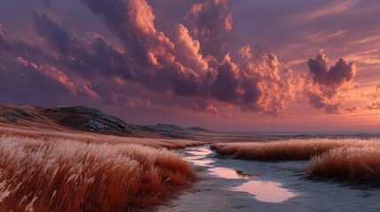 A scenic vista showcasing a stream cutting through tall grass under a vibrant sunset sky