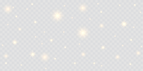 Golden glowing dust with gentle bokeh lights and sparkling confetti on a transparent background. A warm yellow radiance creates a magical, festive atmosphere for Christmas and holiday designs. Vector.