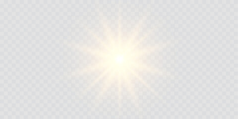 Transparent vector sunlight lens flare with glowing light rays, glittering stars, and bright sparks. Includes yellow light reflections and neon illumination effects for modern, radiant visual designs.