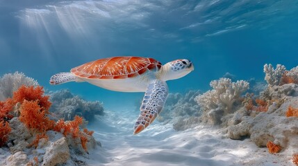 A sea turtle swims gracefully through sunlit, coral-filled underwater scene