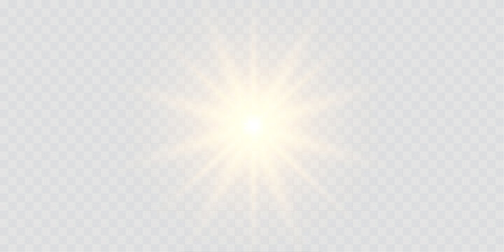Transparent vector sunlight lens flare with glowing light rays, glittering stars, and bright sparks. Includes yellow light reflections and neon illumination effects for modern, radiant visual designs.