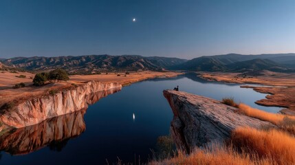 A serene landscape reveals a calm lake under a moonlit sky, cliffs in the foreground