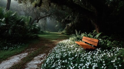 A serene path winds through a misty forest, featuring a bench and lush vegetation