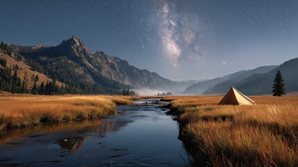 A serene nightscape of a mountain lake, Milky Way, and camping tent under a starry sky