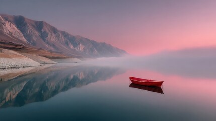 A serene red rowboat floats on still water under a pink and misty sky near mountains