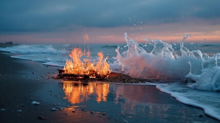 A serene scene of fire burning on a sandy beach as ocean waves crash in, under a dusky sky