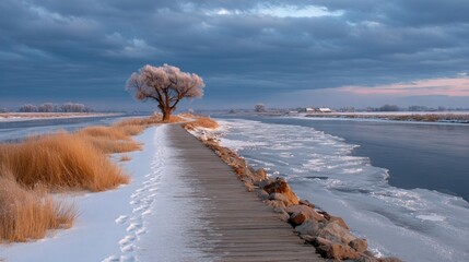 A serene winter scene depicts a boardwalk extending toward a frosted tree along a waterway