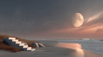 A serene seascape featuring a staircase leading to the ocean, under a moonlit sky