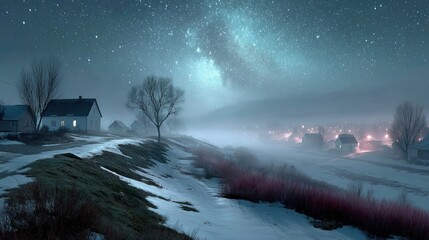 A serene winter village scene under a starry night sky, with fog and snow