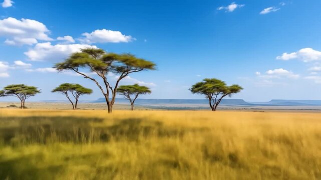 Vast savanna landscape with iconic flat topped trees golden grass and blue sky