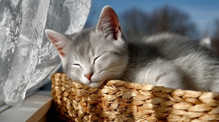A sleeping, gray kitten rests in a woven basket by a window with sheer curtains