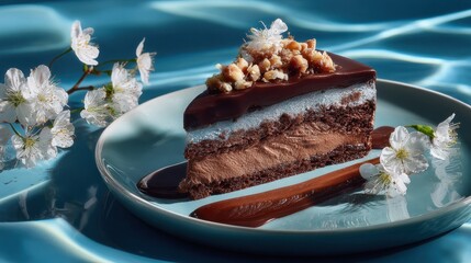 A slice of decadent chocolate cake with walnut topping on a blue plate near white flowers