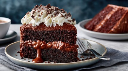 A slice of rich chocolate cake with whipped cream, chocolate shavings, and sauce on a plate