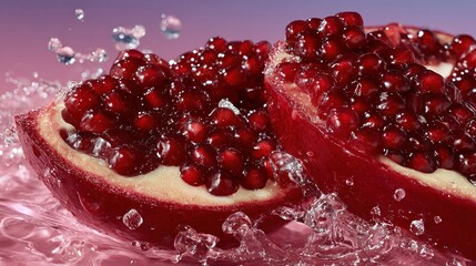 A sliced pomegranate with ruby-red seeds, water splashing, against a pink background