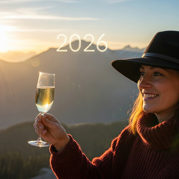 C&eacute;l&eacute;bration du nouvel an 2026 avec une coupe de champagne au coucher de soleil sur les montagnes en hiver

