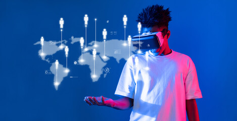 A young individual explores virtual reality, interacting with a digital world filled with global connections. The image captures the essence of modern networking technology. XDMCP