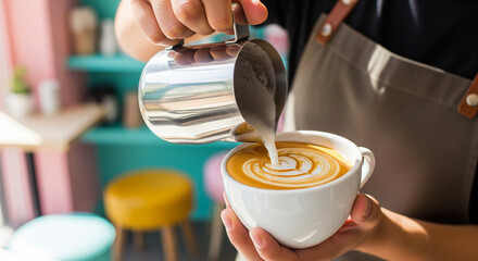 Vibrant latte art in colorful café, cheerful artisan barista pouring milk in bright creative atmosphere for lifestyle visuals, educational or barista training materials, mobile app UI backgrounds