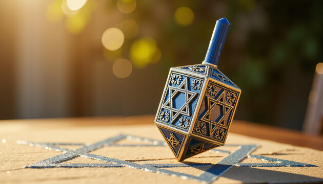 Dreidel on table with Star of David pattern in background, modern style  