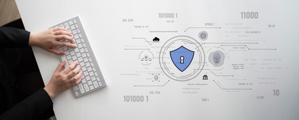 Cyber security interface with biometric and AI-powered protection system. Cyber security secures...