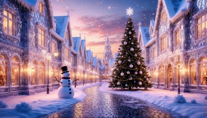 Winter street scene with Christmas tree and snowman at sunset  
