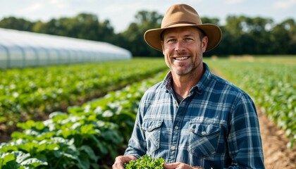 Obraz premium Happy farmer holding fresh lettuce in green field under sunlight 