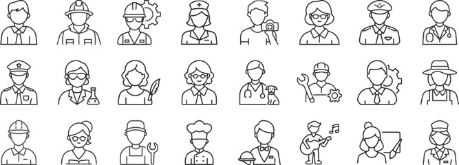 profession, avatar, photographer, officer, uniform, stylized, professions, line, stethoscope, category:, description:, teacher, each, musician, nurse, police, waiter, hat, tools, guitar., their, busin