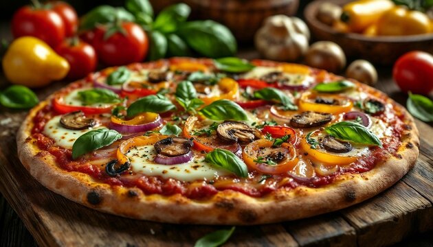 Freshly baked pizza topped with vegetables and basil on wooden surface  