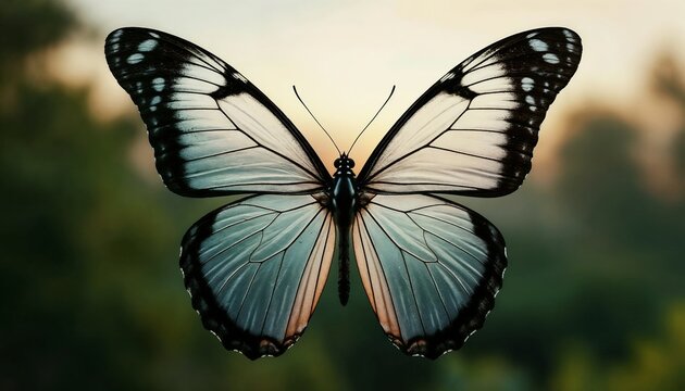 Blue butterfly with open wings against a soft natural background