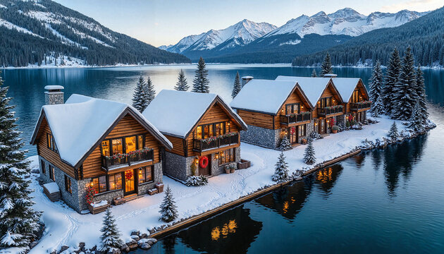 Cozy wooden cabins by the lake in snowy mountains during winter