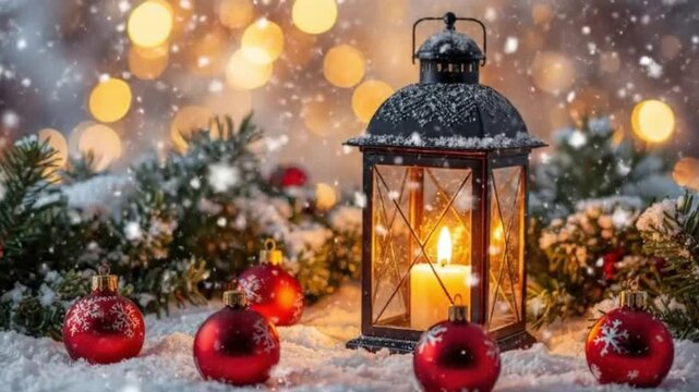 Lantern  red ornaments on snow Candle inside lantern