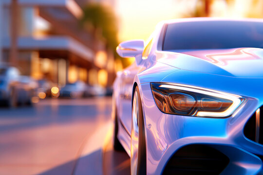 Modern car driving near parked vehicles city street transportation scene