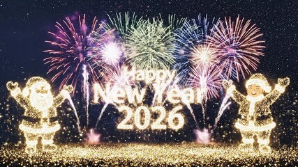 Happy New Year 2026 text with Christmas Santa made up of Glittering magical particles along with snowy, twirly particles, fireworks background and particles base - Powered by Adobe