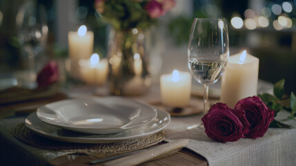 romantic dinner or celebration. Features white plates, an elegant wine glass, deep red roses, warm glow from multiple pillar candles, creating an intimate, soft, and luxurious evening atmosphere.