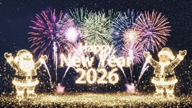 Happy New Year 2026 text with Christmas Santa made up of Glittering magical particles along with snowy, twirly particles, fireworks background and particles base