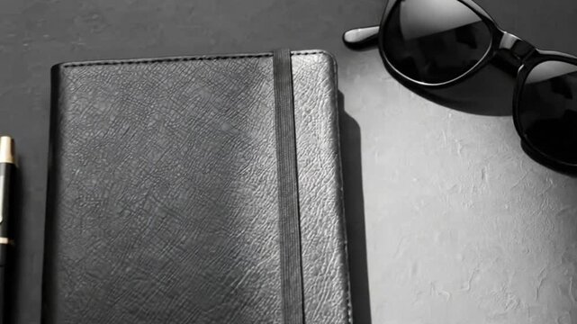 Notebook pen and sunglasses arranged on a dark surface