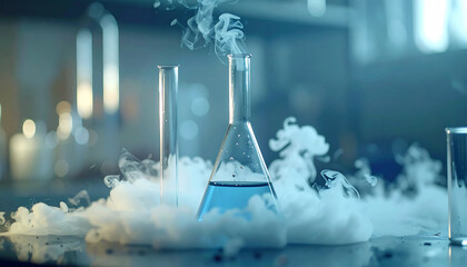 Naklejka premium Glass Erlenmeyer flask and transparent test tube with smoke effect, chemical experiment concept