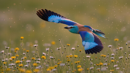 European roller flying over a wildflower meadow at sunset, showing brilliant turquoise and chestnut plumage with golden light